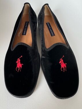 Ralph Lauren Velvet Loafers with Red Embroidered Polo Horse Logo 6B NWOT